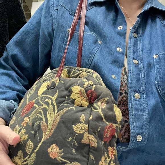 None Handbags - Floral Tapestry Handbag Bohemian Navy Burgundy Purse Carpet Style Zip Top